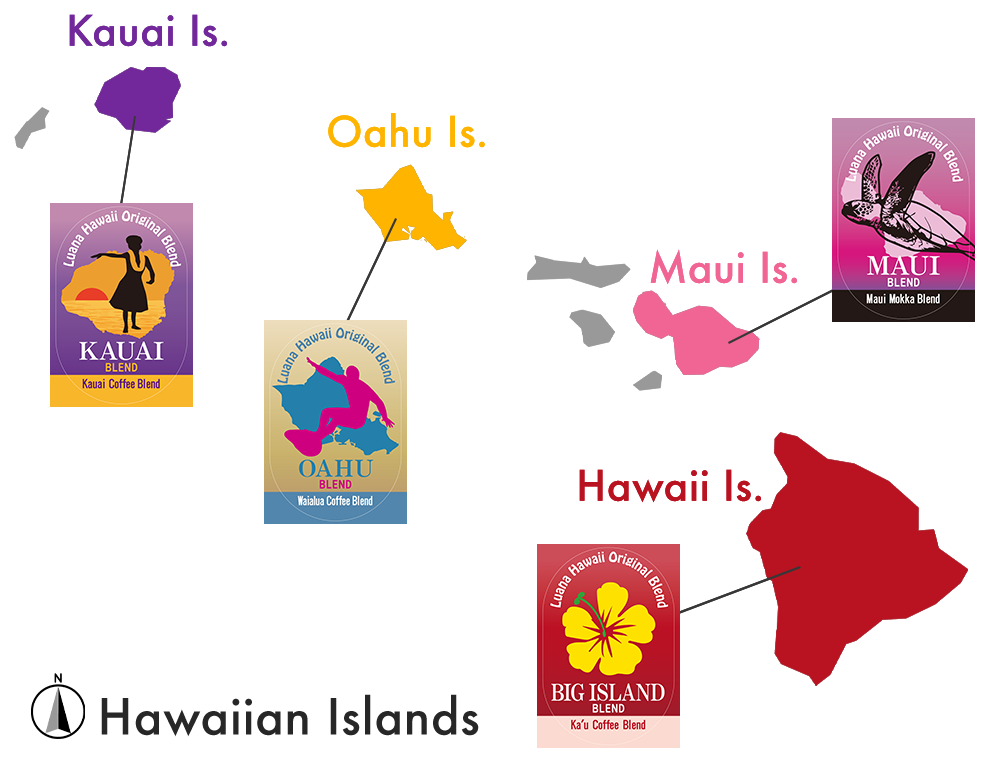 ハワイ諸島とブレンド種類のマップ